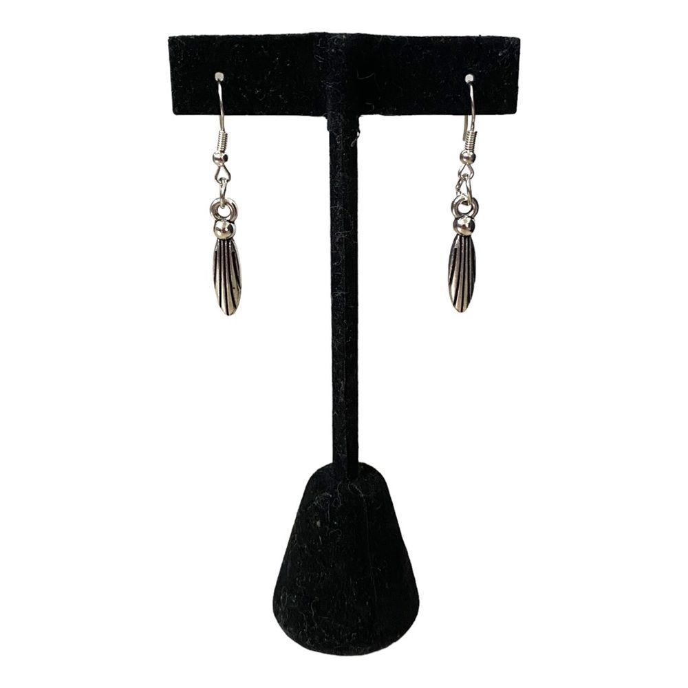 Tribal Inspired Feather Filigree Silver Tone Dainty Dangle Fish Hook Earrings OS
